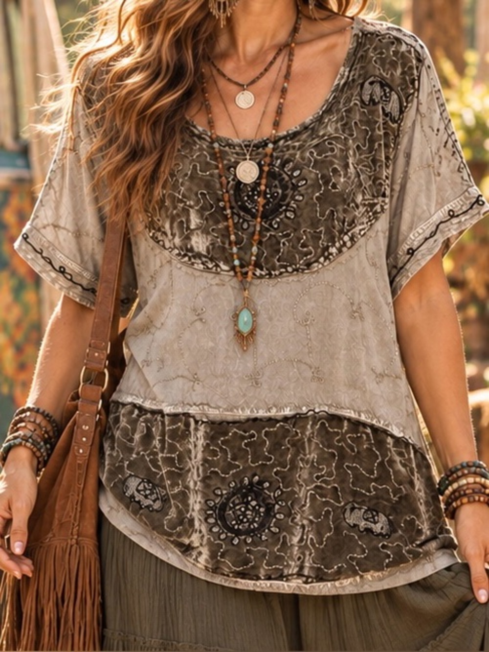 Nelly’s Velvet Embroidered Short Sleeve Women's Top - Taupe/Olive Size M/L
